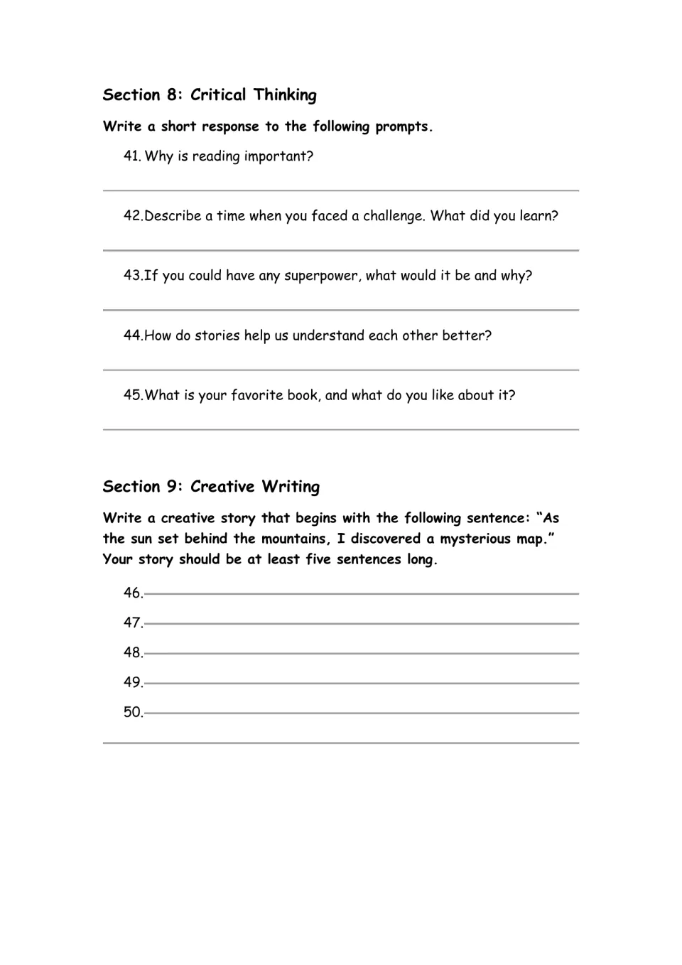 Critical thinking and creative writing: students answer 5 short prompts, then write a story about a mysterious map