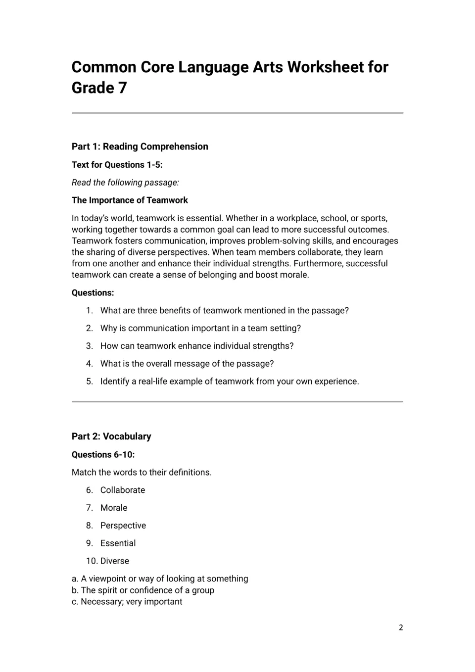 Reading comprehension: students read a teamwork passage and answer 5 questions, then match collaborate, morale and diverse