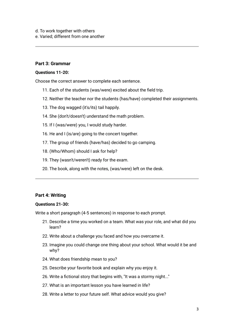 Grammar: students pick the correct word in 10 sentences on agreement, its/it's and who/whom, then write short paragraphs