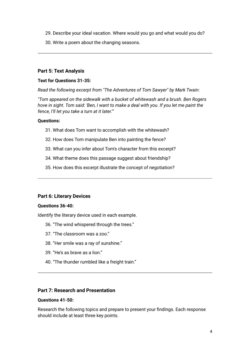 Tom Sawyer excerpt: students answer 5 inference and theme questions, then identify the literary device in 5 quoted lines