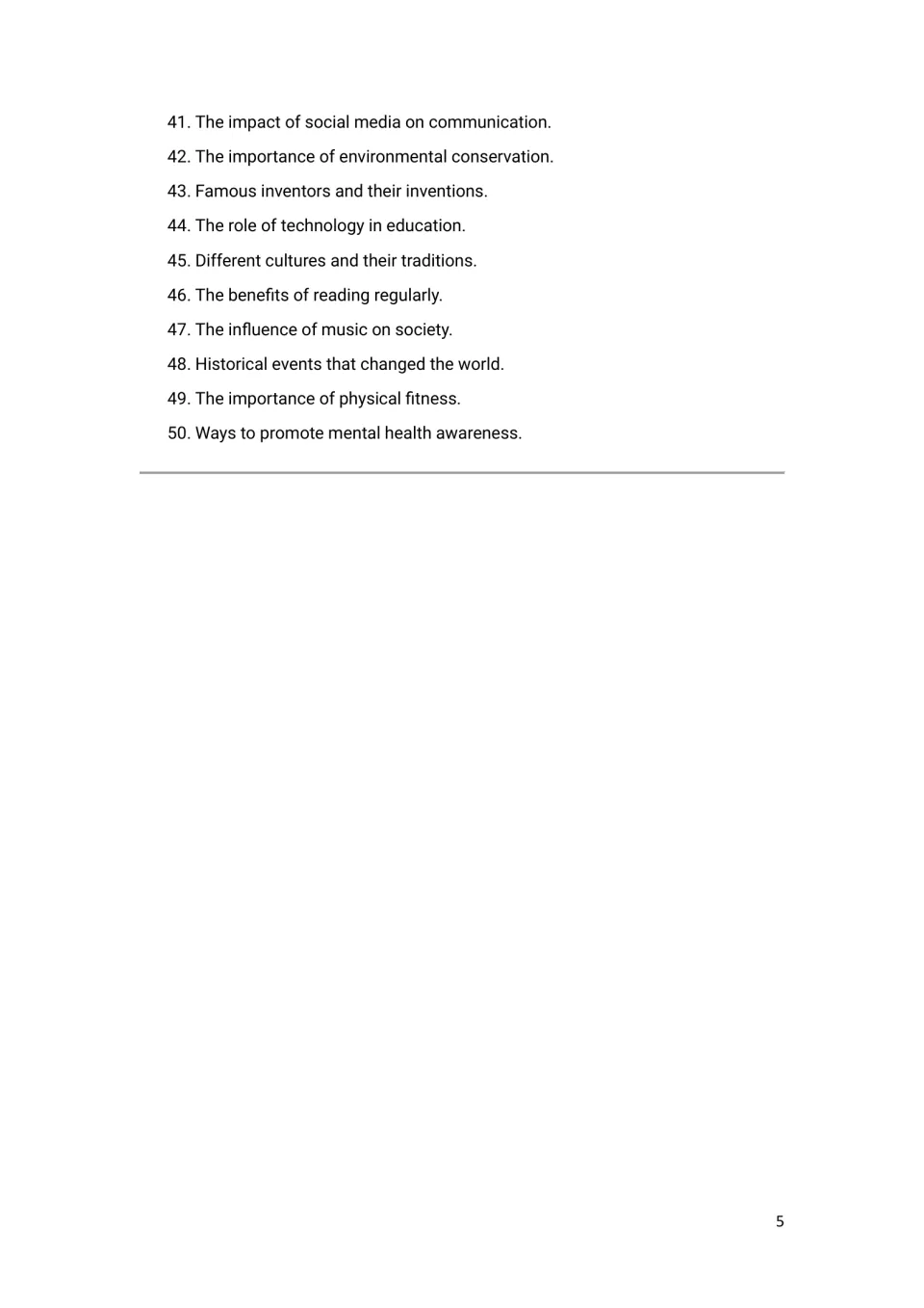 Research and presentation topics 41-50, from social media and inventors to music and mental health, with 3 key points each