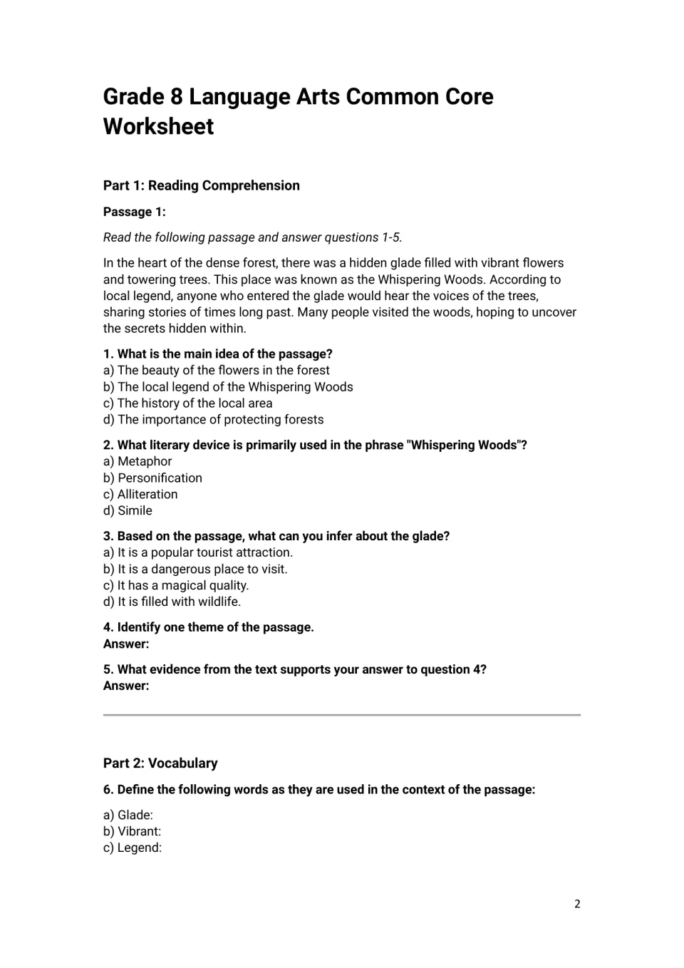 Whispering Woods passage: students answer main idea, literary device and inference questions, then define glade and vibrant