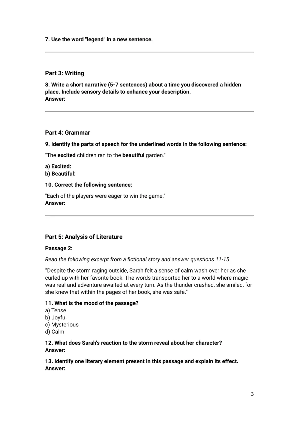 Hidden-place narrative, parts of speech and subject-verb agreement items, then Sarah storm excerpt with mood questions
