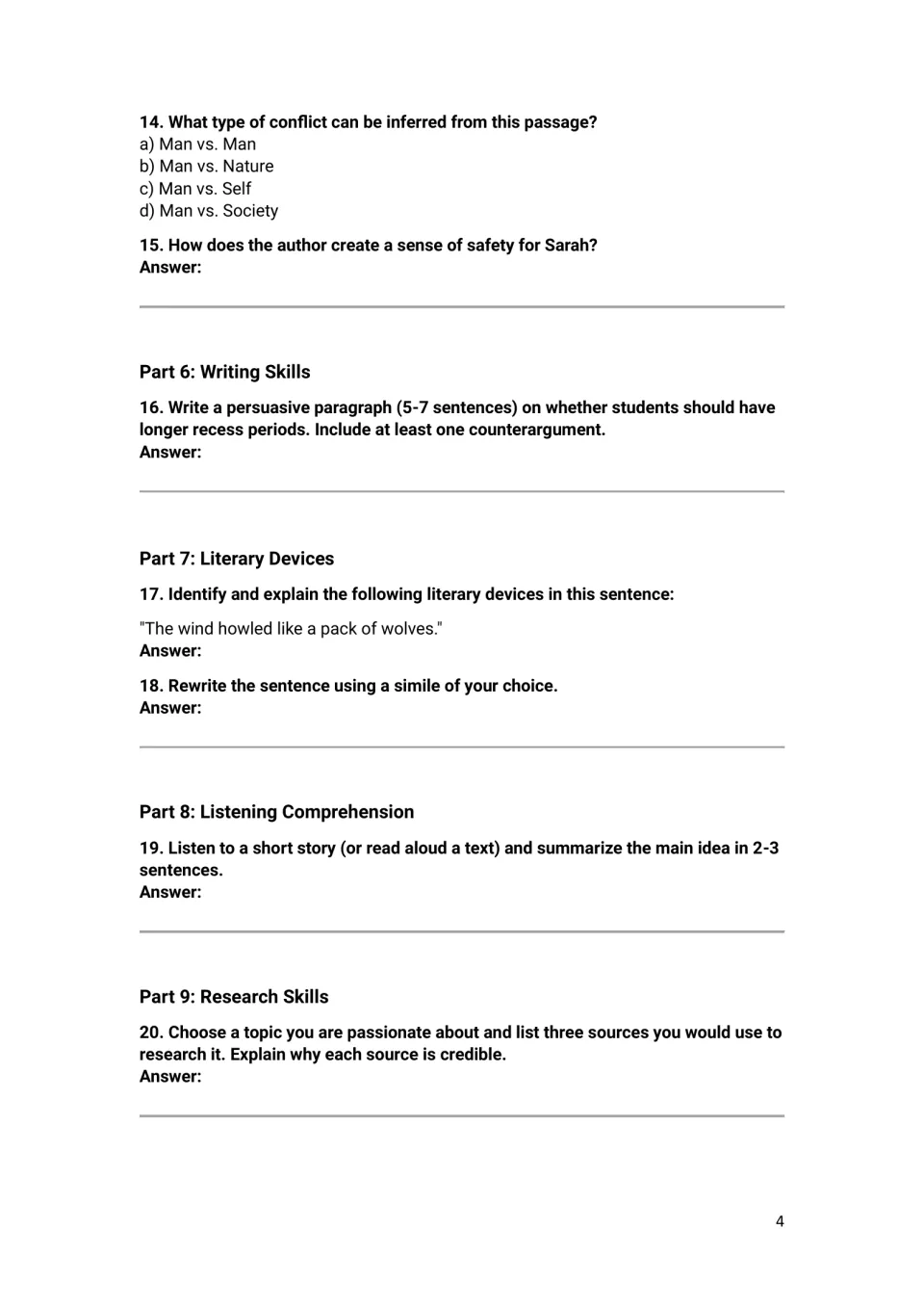 Conflict type, recess persuasive paragraph with counterargument, simile rewrite, listening summary and credible sources