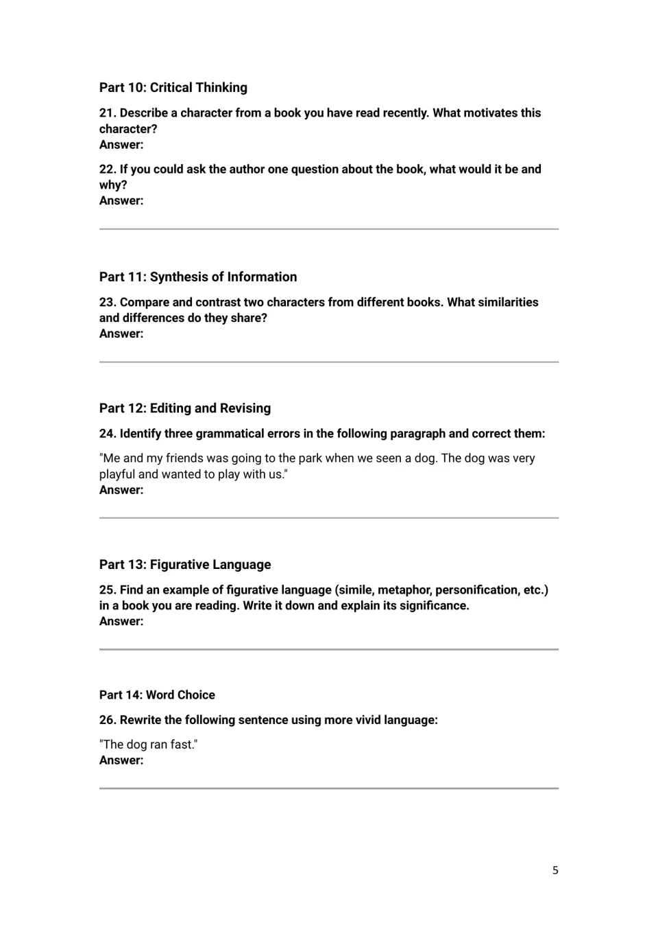 Character motivation, comparing two characters, fixing errors in a dog paragraph and rewriting with vivid language