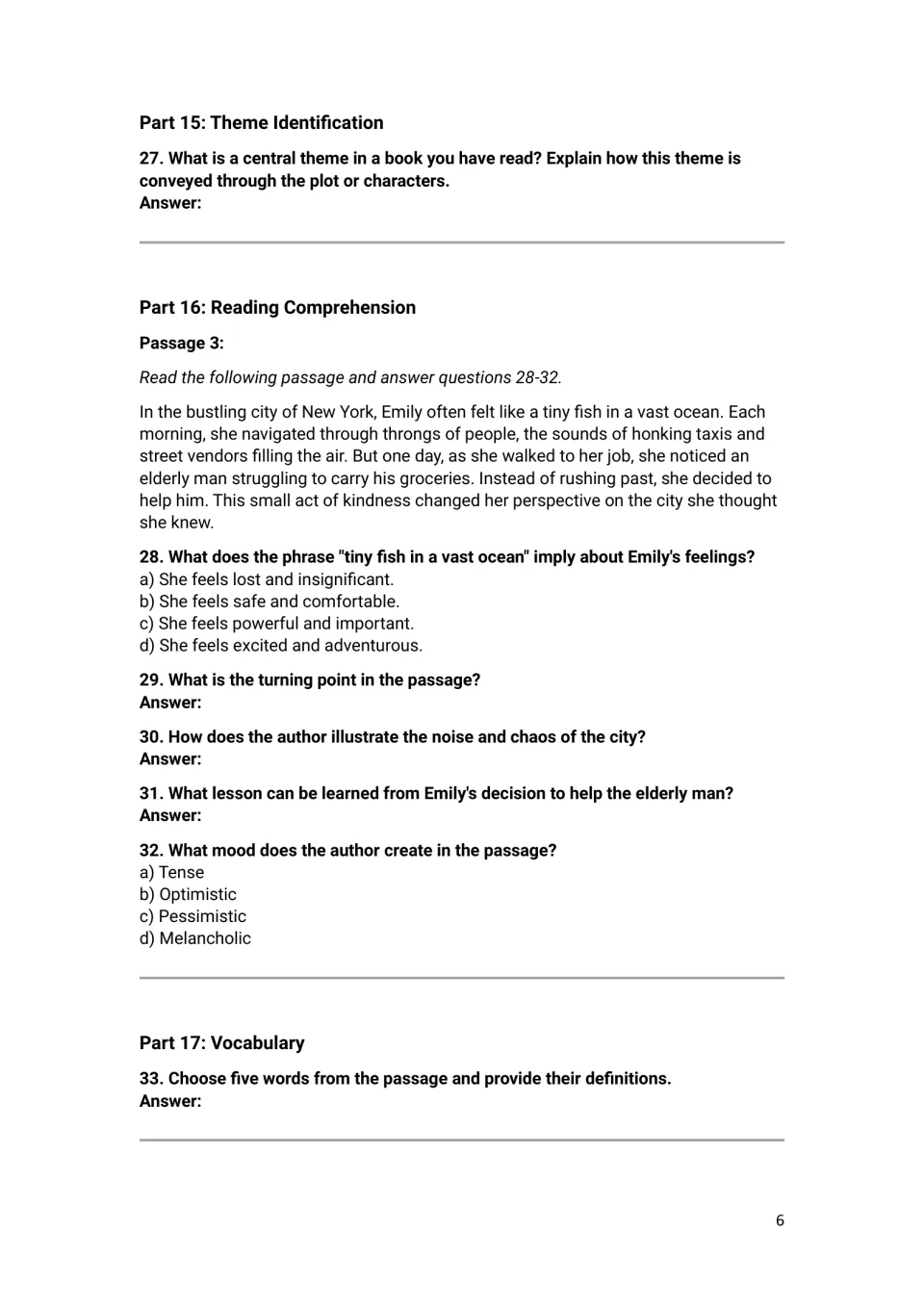 Theme question, then a passage on Emily in New York: students interpret a simile, turning point and mood, and define words