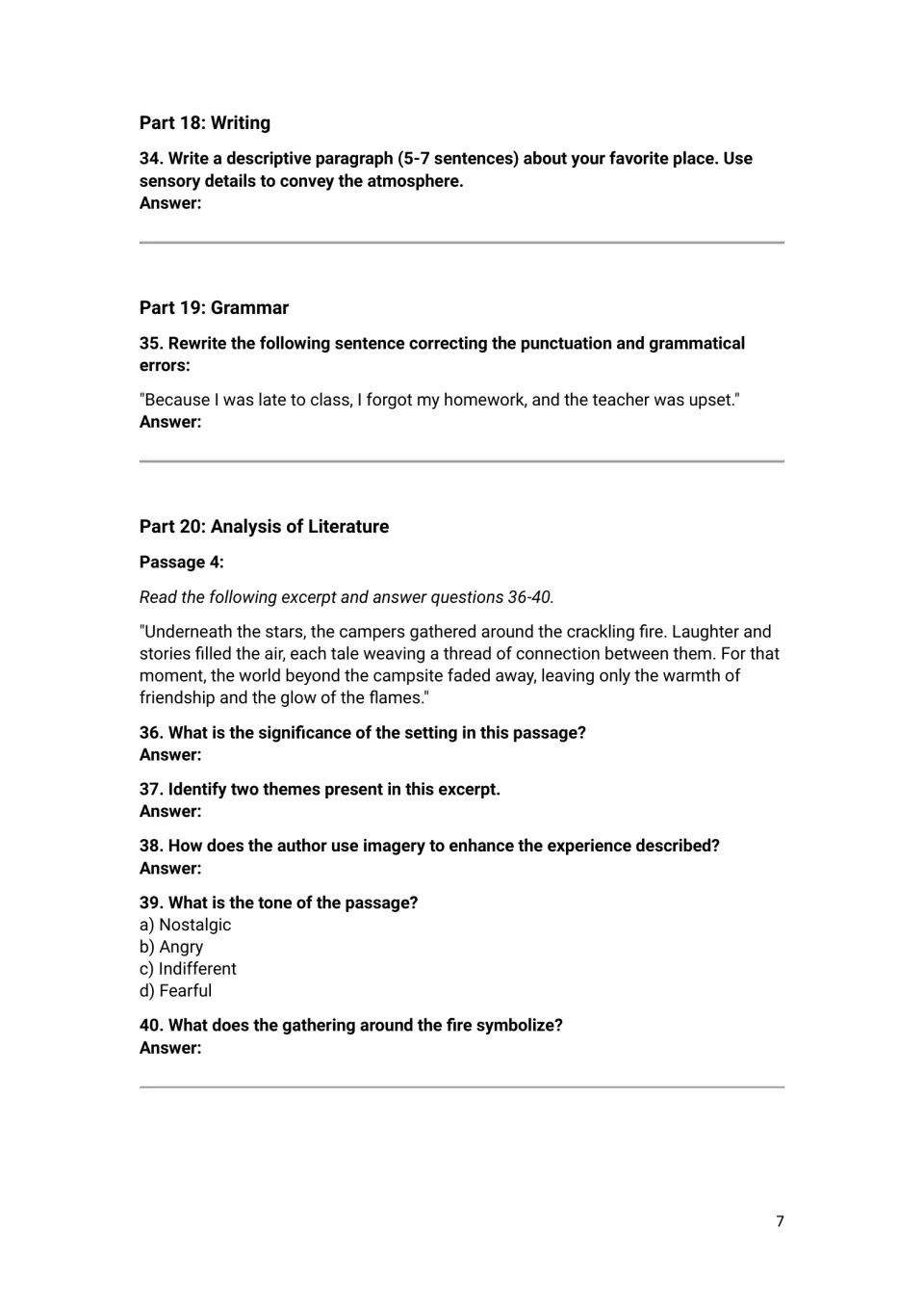 Favorite-place descriptive paragraph, punctuation fix, campfire excerpt on setting, theme, imagery, tone and symbolism