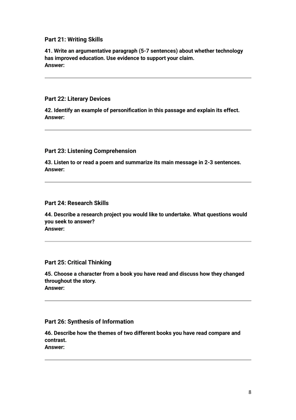 Argument paragraph on technology in education, personification, poem summary, a research plan and character change