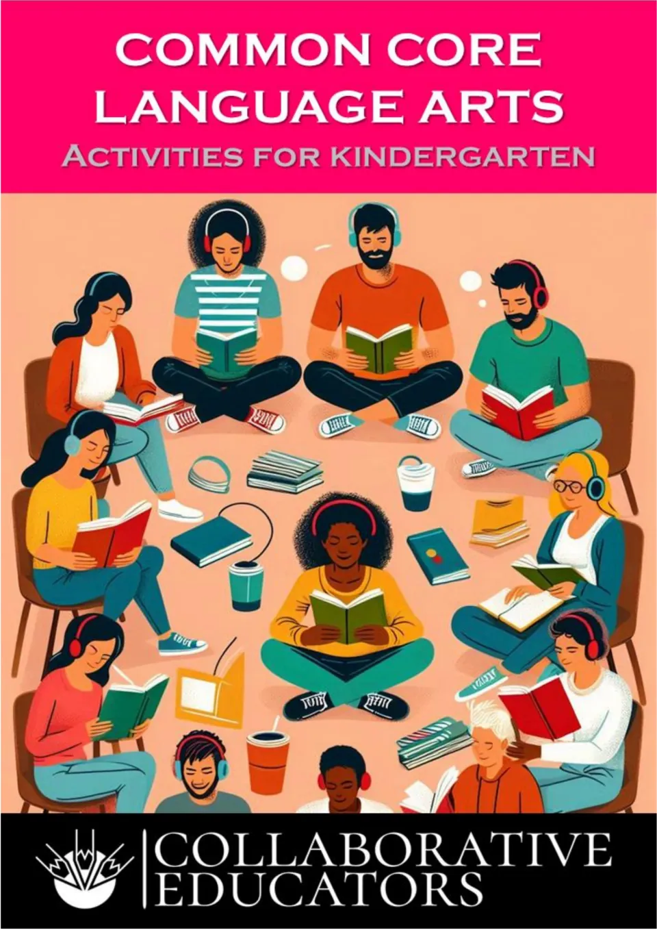 Cover of Common Core Language Arts Activities for Kindergarten, showing people reading books in a circle