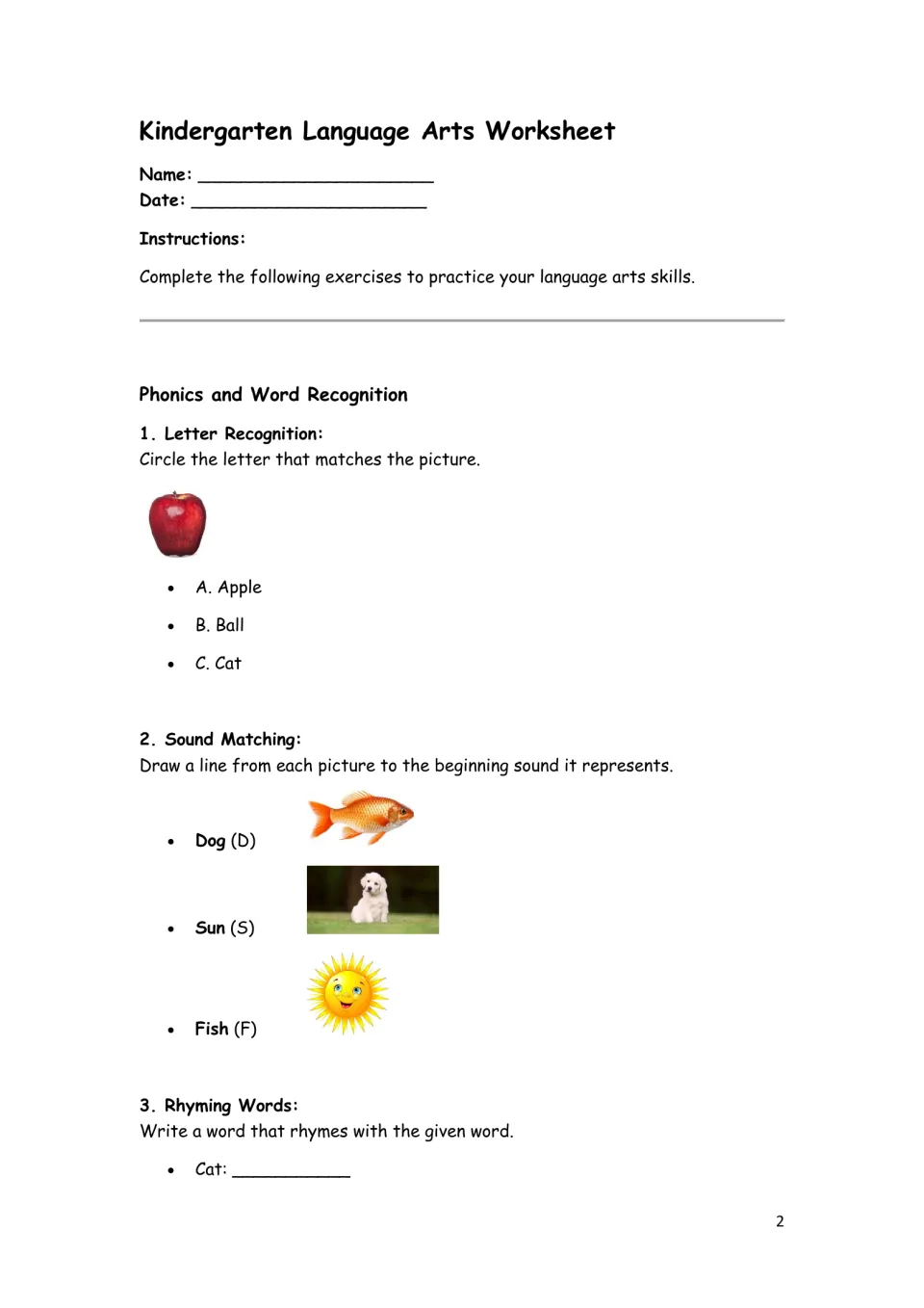 Phonics and word recognition: students circle the letter for an apple, match dog, sun and fish to beginning sounds