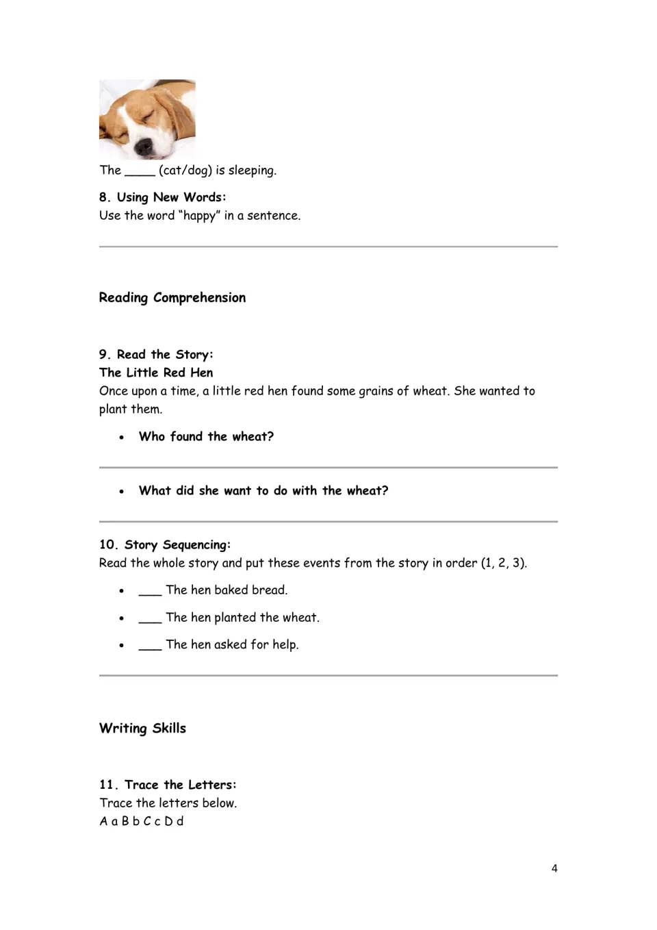 The Little Red Hen reading: students answer two questions, order three story events and trace letters Aa to Dd