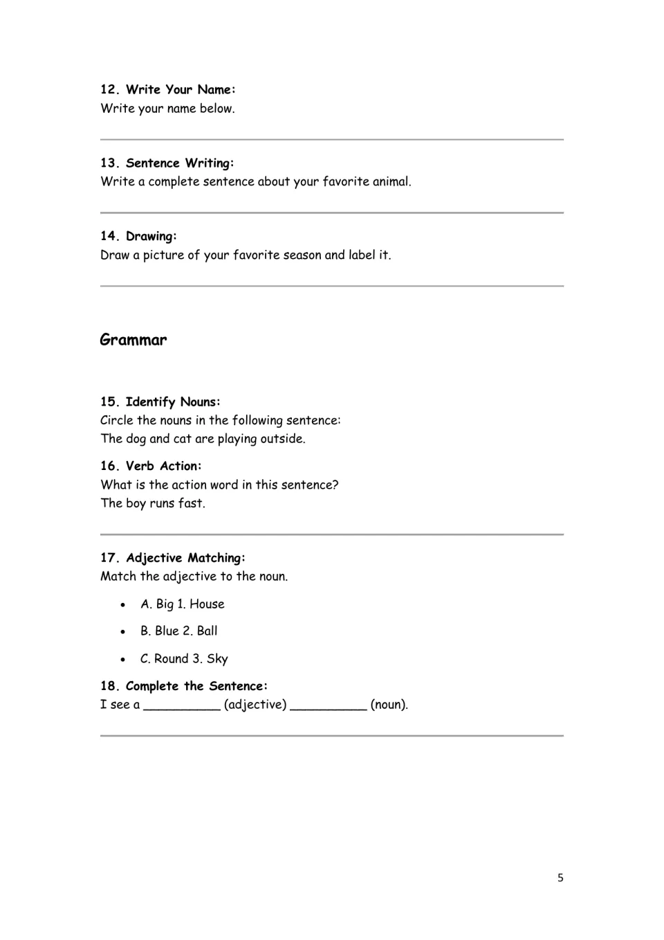 Writing and grammar: students write their name and a sentence, circle nouns, find the verb and match adjectives to nouns