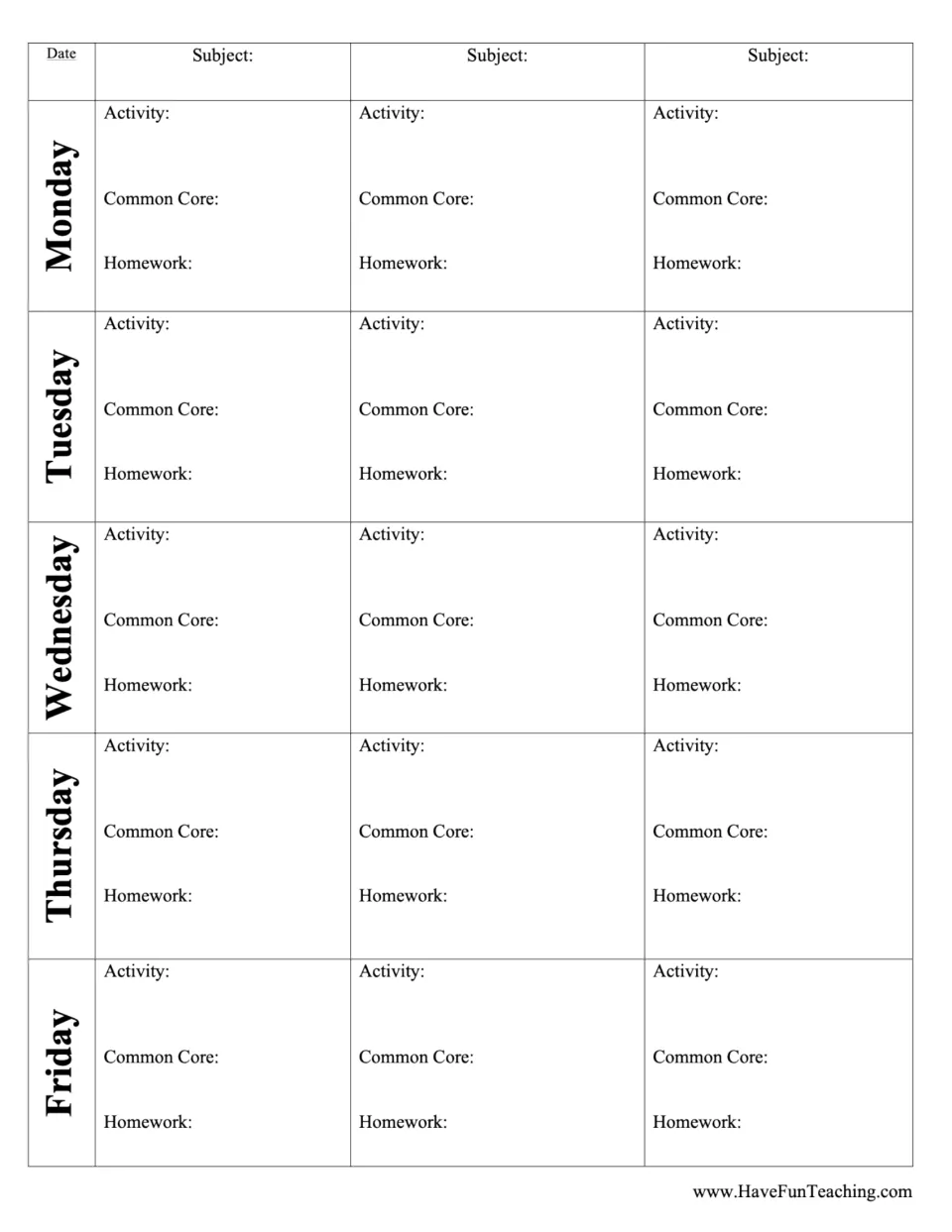 Weekly lesson plan template for three subjects, Monday–Friday, with Activity, Common Core, and Homework prompts.