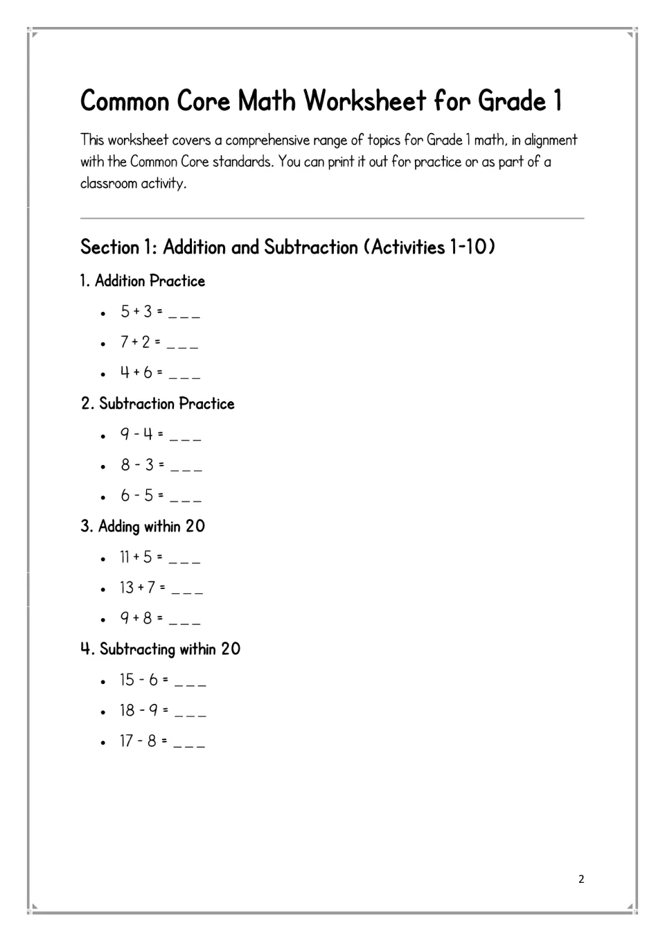 Math activities 1–4: addition and subtraction practice, including 5 + 3, 9 − 4, and calculations within 20