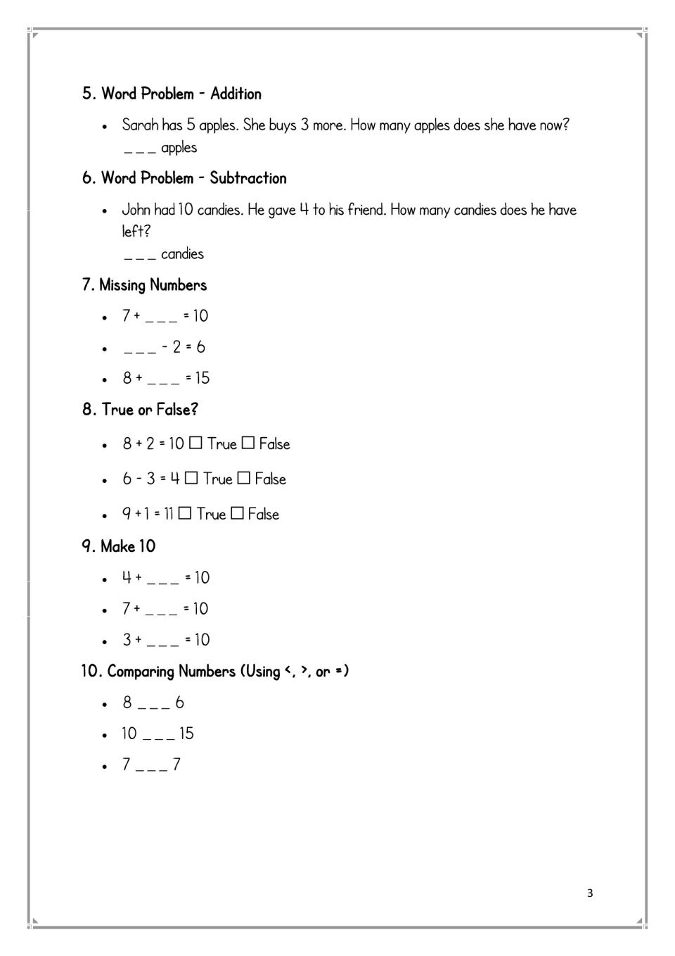 Math activities 5–10: word problems, missing numbers, true or false equations, making 10, and comparisons