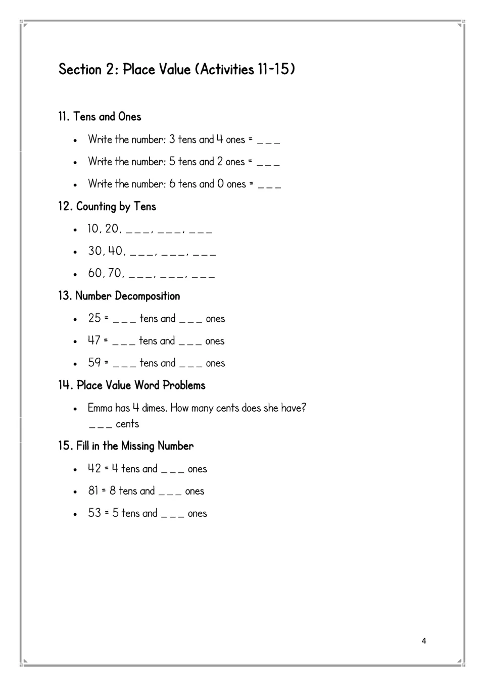 Place value activities 11–15: tens and ones, counting by tens, decomposing 25, 47, and 59, and a dime problem