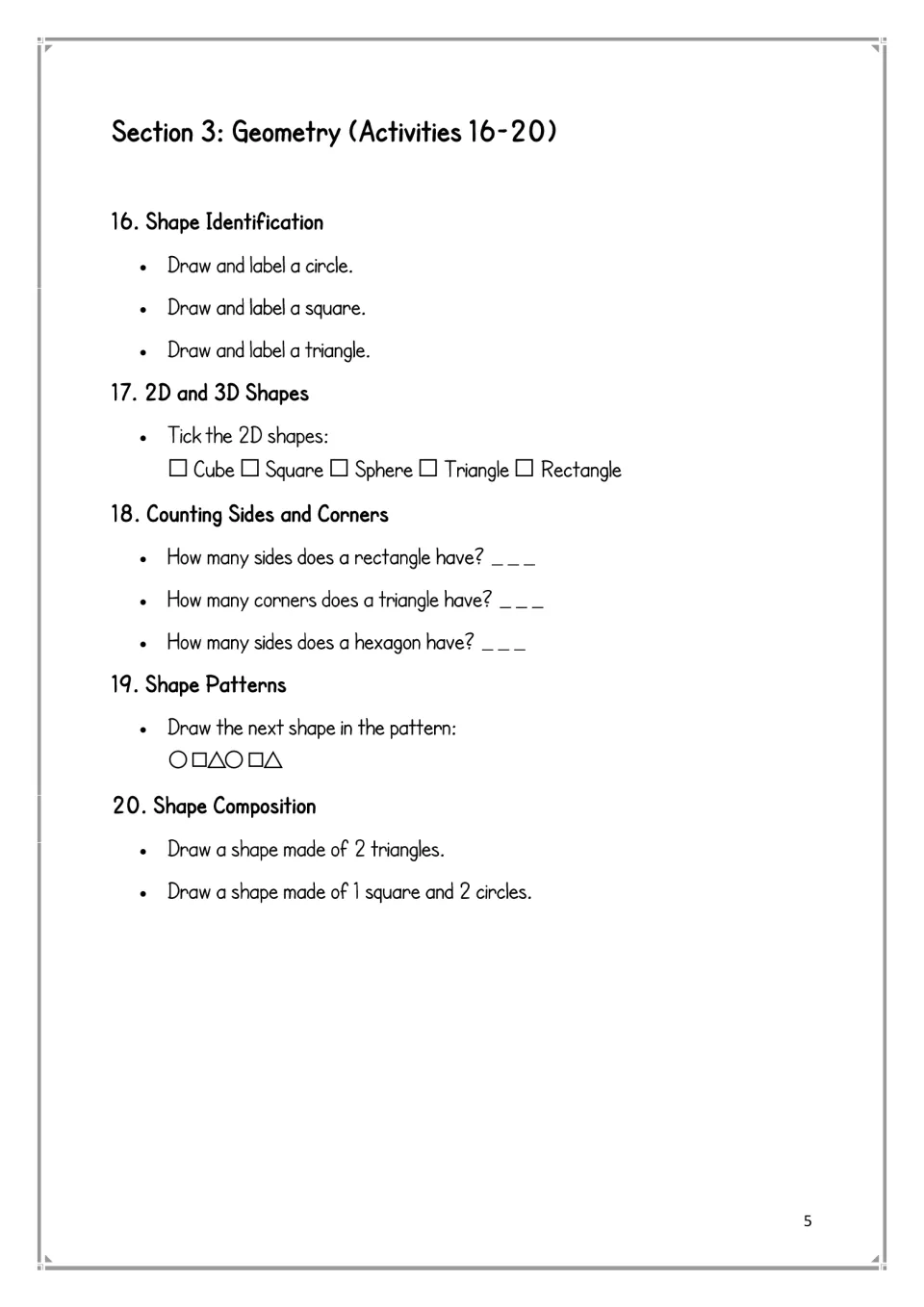 Geometry activities 16–20: draw shapes, identify 2D shapes, count sides and corners, and compose shapes