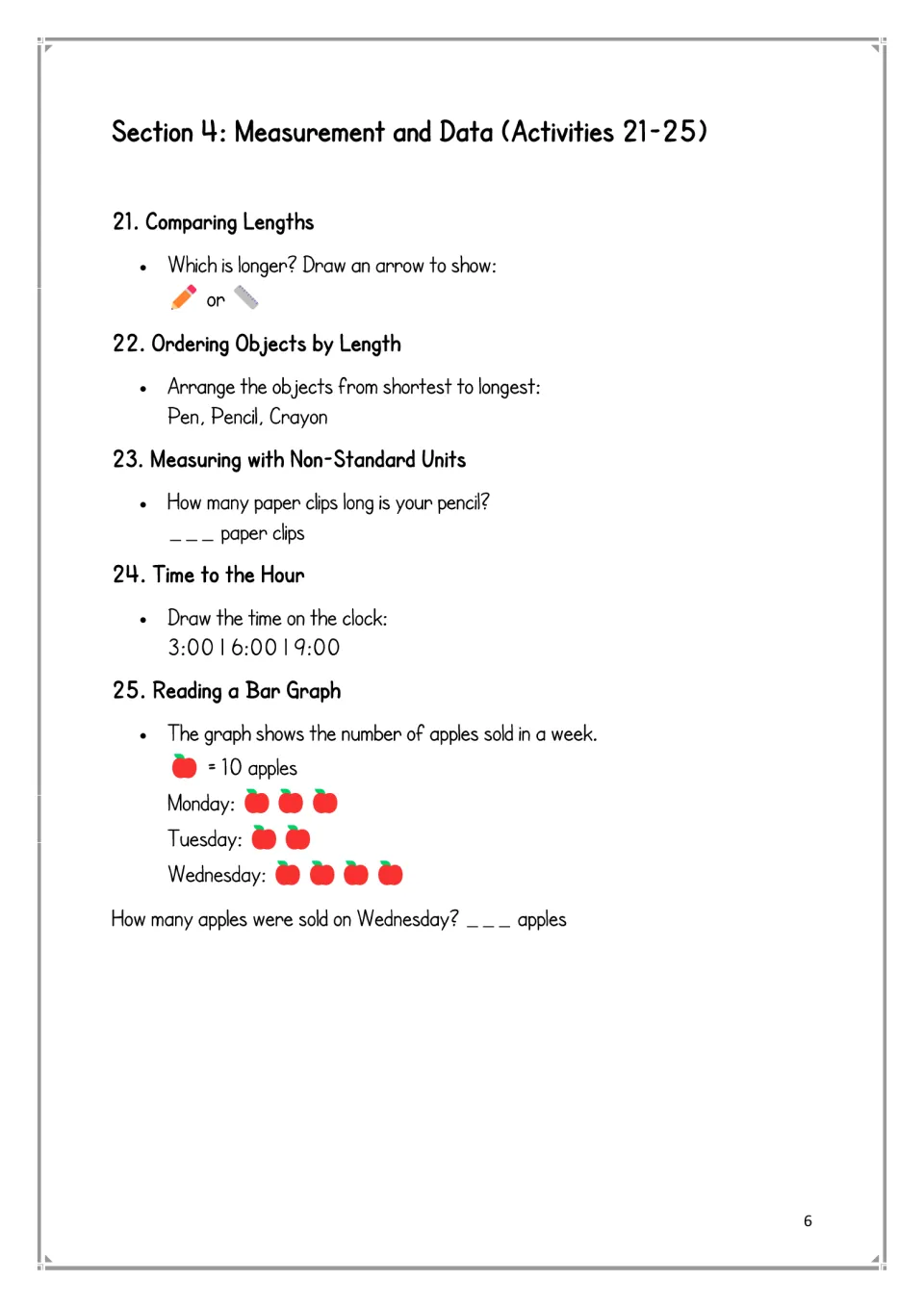 Measurement and data activities 21–25: compare lengths, measure with paper clips, draw times, and count apples