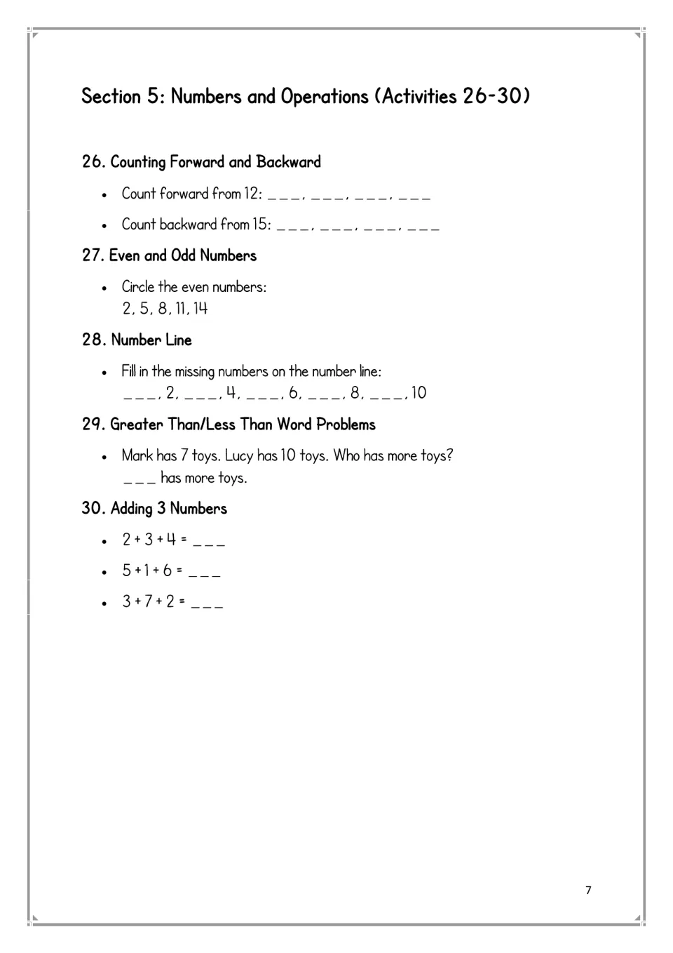 Number activities 26–30: count forward and backward, circle even numbers, fill missing numbers, and add