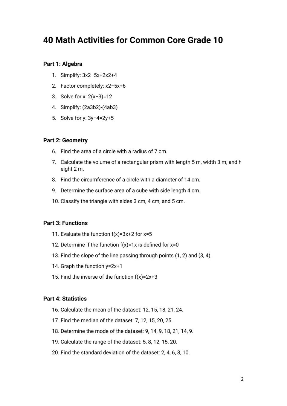 Math exercises 1–20: algebra, geometry, functions, and statistics, including factoring and finding slope
