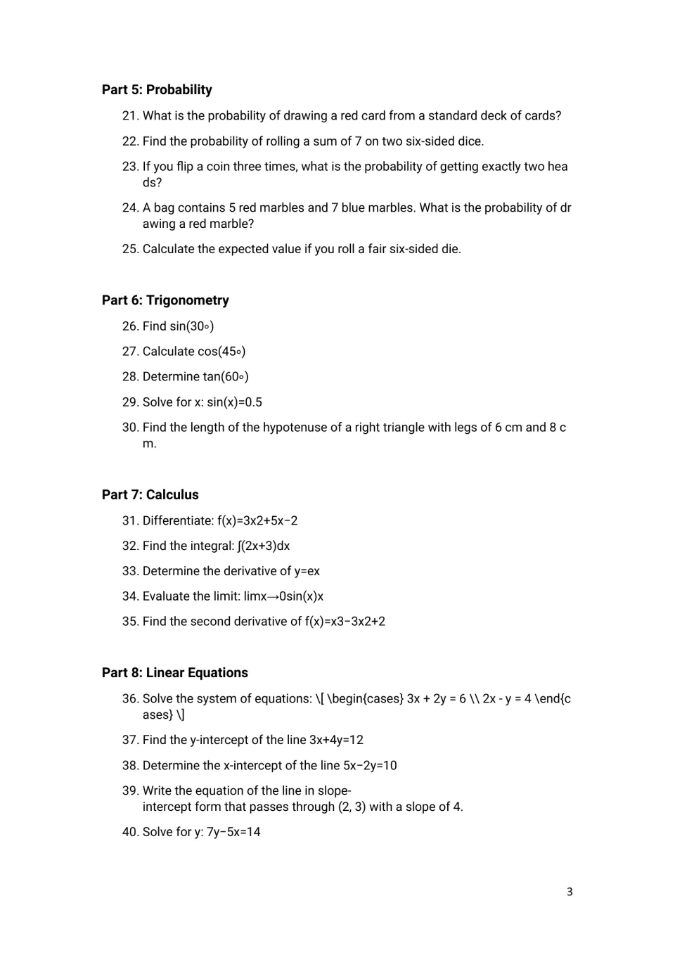 Math exercises 21–40: probability, trigonometry, calculus, and linear equations, including dice probability