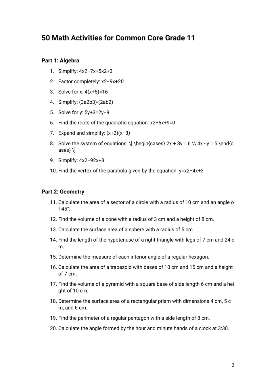 Algebra and geometry problems 1-20: students factor, solve equations, find a vertex, and compute areas, volumes and angles