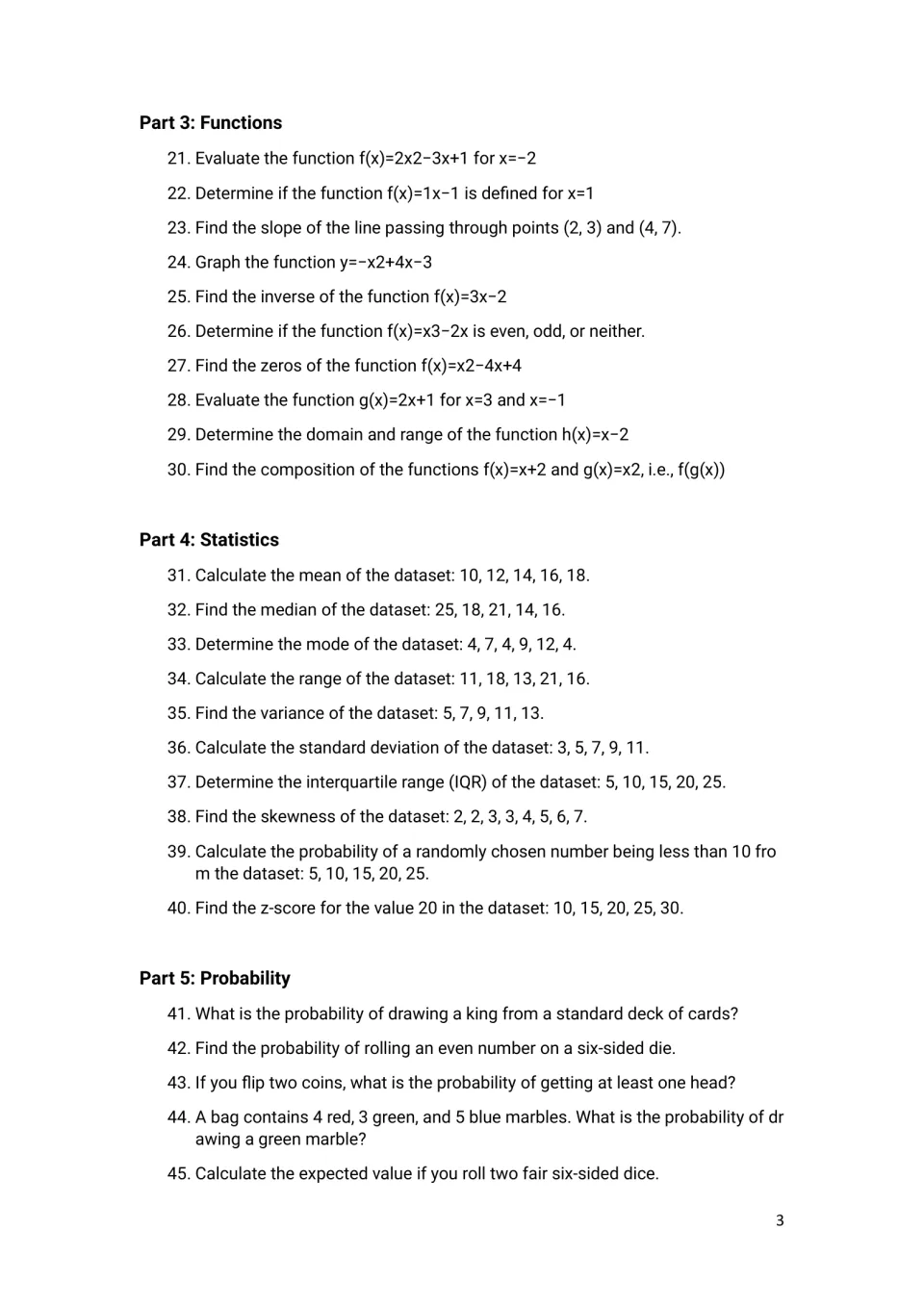 Functions, statistics and probability problems 21-45: students evaluate functions, find mean, variance and z-scores