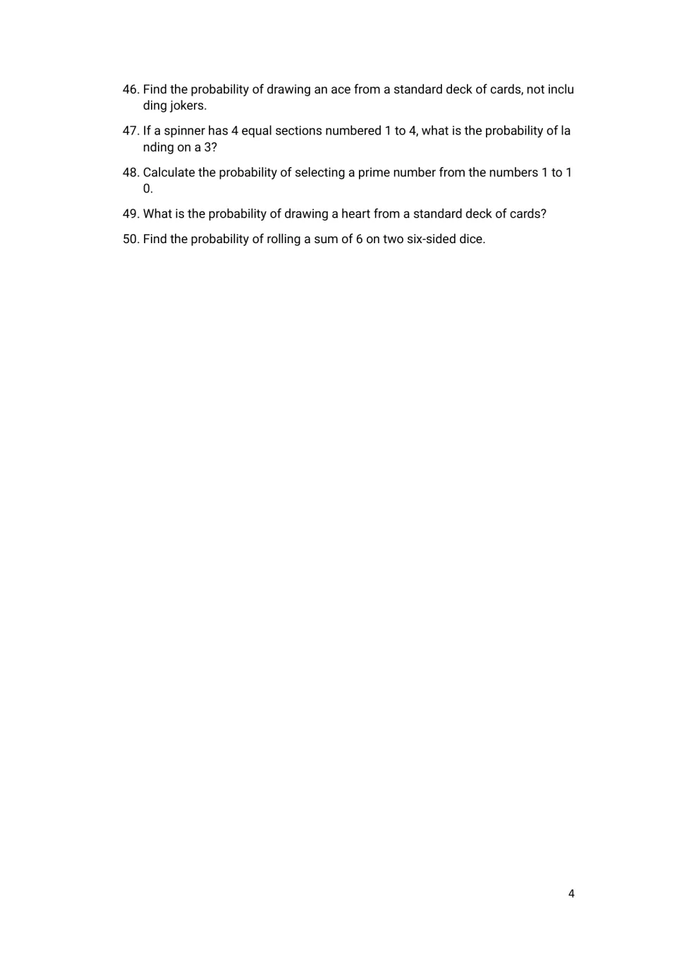 Probability problems 46-50: students find chances of drawing cards, landing on a spinner number and rolling a dice sum