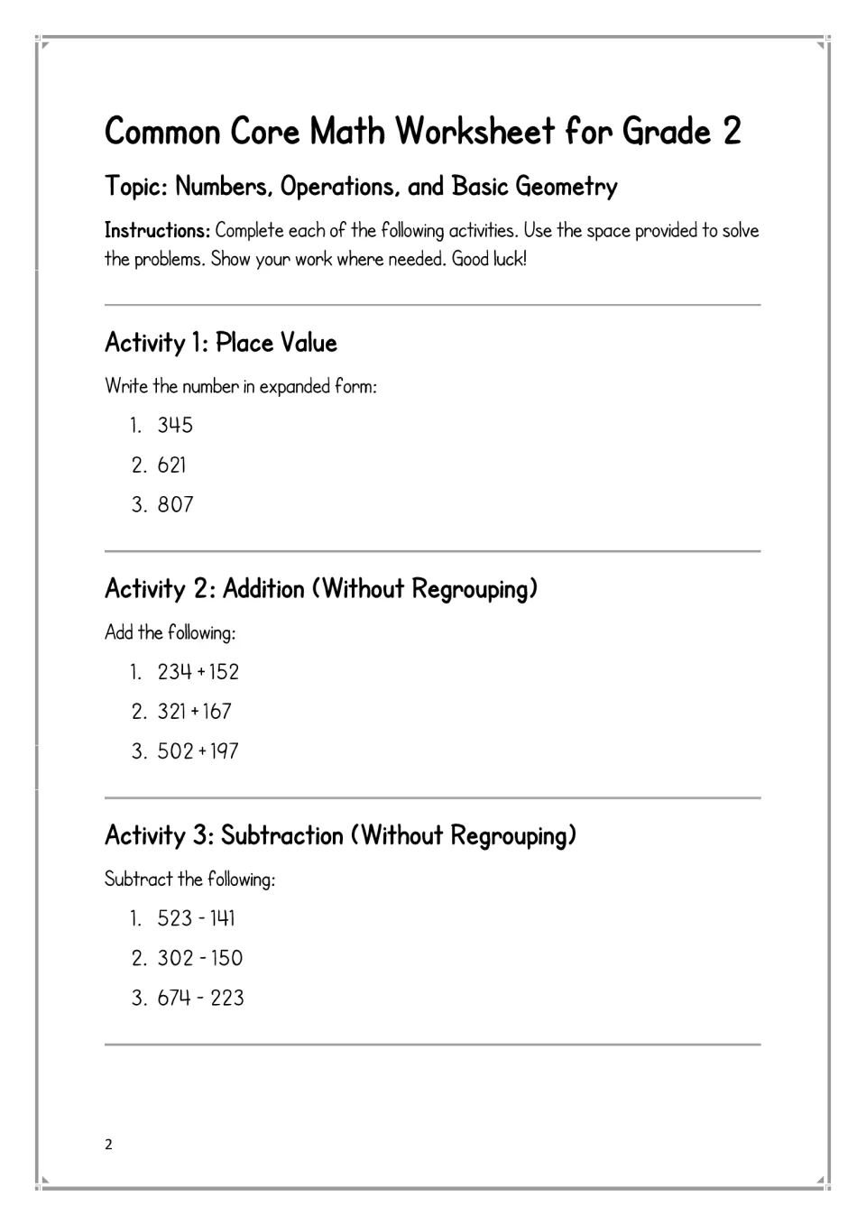 Math activities 1–3: write 345, 621, and 807 in expanded form, then solve addition and subtraction problems
