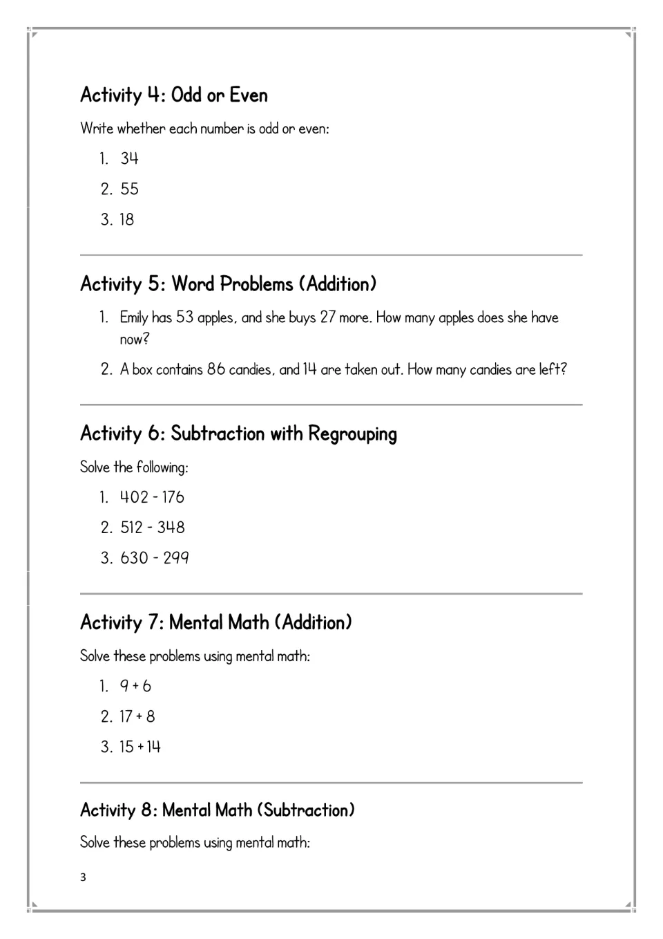 Math activities 4–8: odd or even, word problems, subtraction with regrouping, and mental math directions