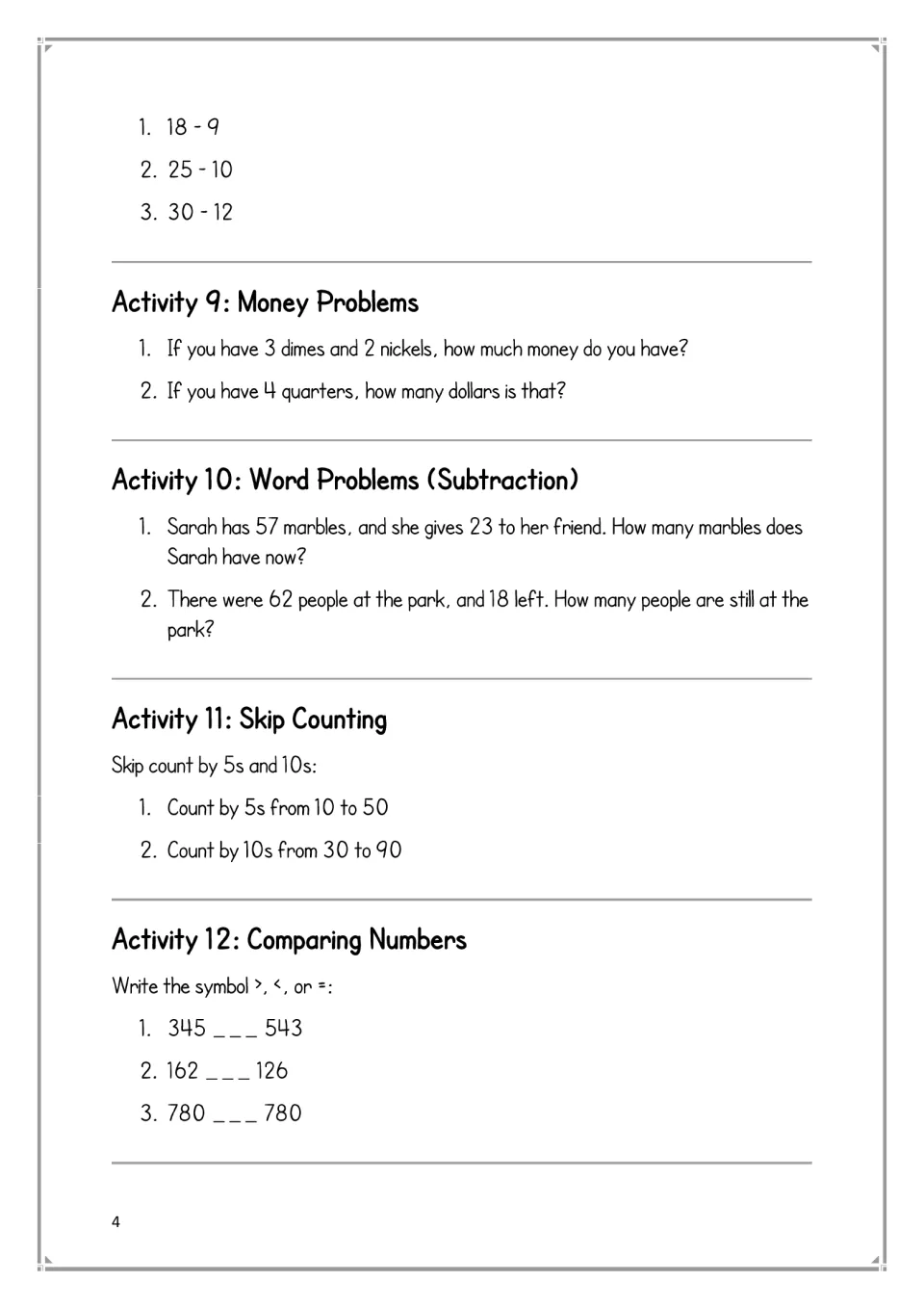 Math activities 8–12: mental subtraction, money, word problems, skip counting, and comparing numbers