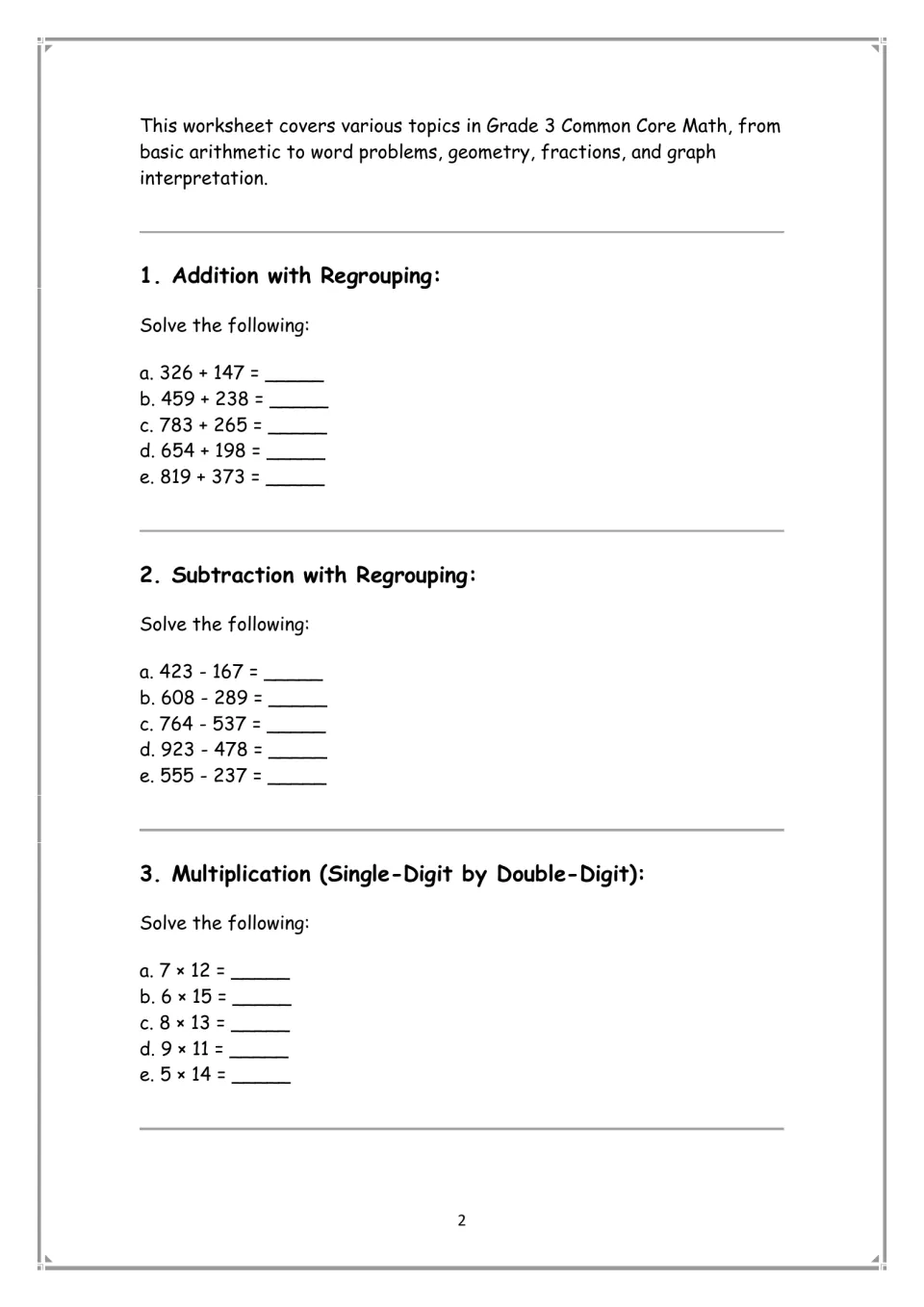 Math practice sections 1–3: addition and subtraction with regrouping, plus multiplication such as 7 × 12