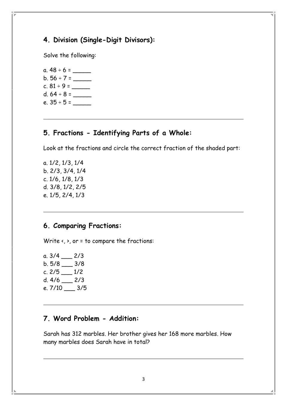 Math practice sections 4–7: division, fraction choices, fraction comparisons, and Sarah's marble word problem