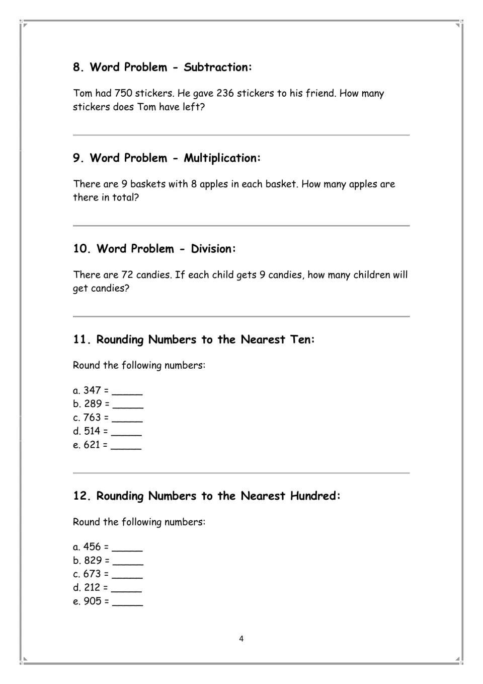 Math practice sections 8–12: sticker, apple, and candy word problems, plus rounding to tens and hundreds