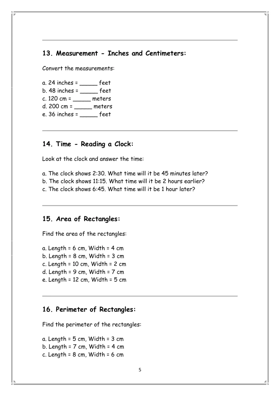 Math practice sections 13–16: length conversions, time calculations, rectangle area, and perimeter problems