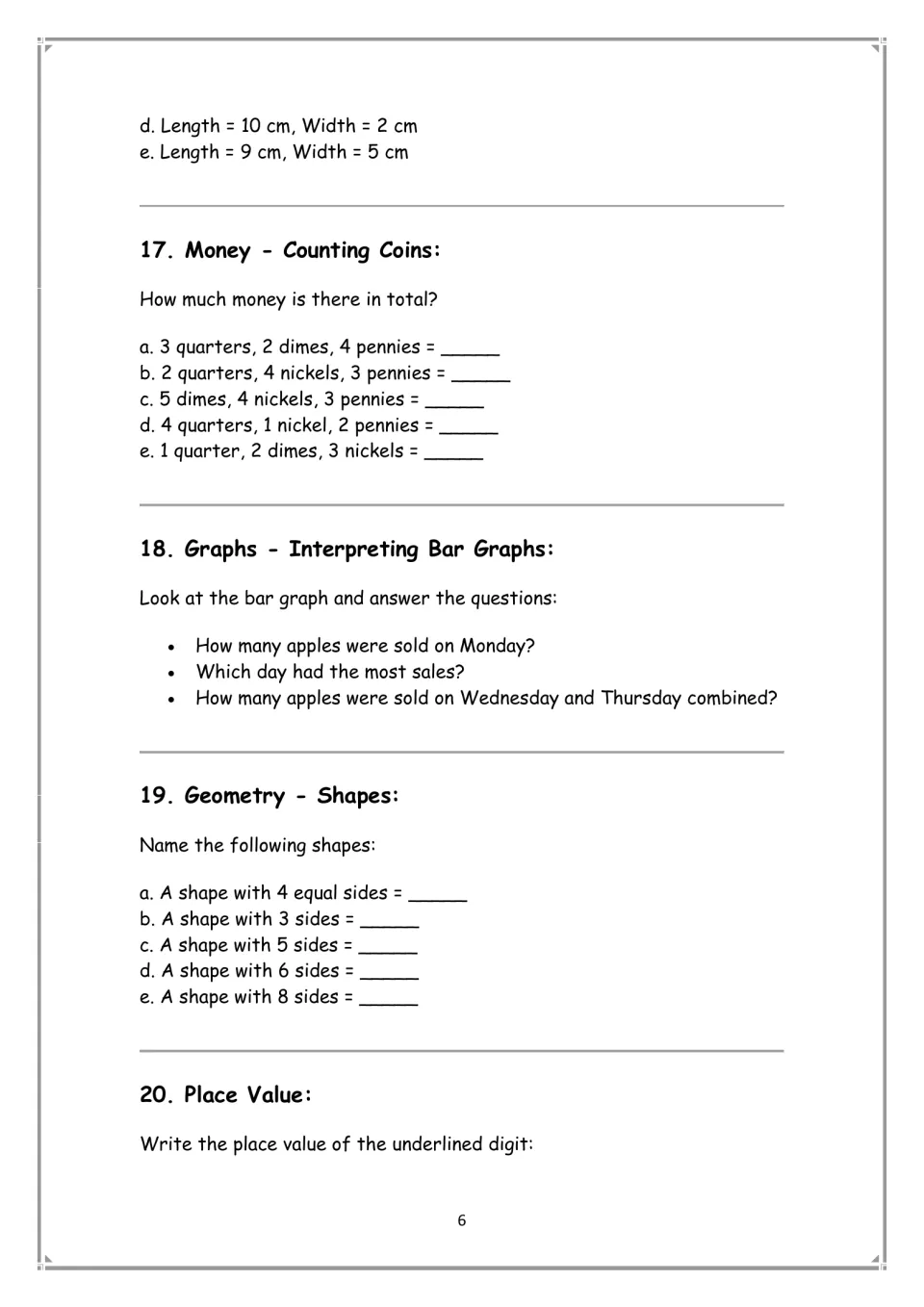 Math practice continues rectangle perimeter, then sections 17–20 cover coins, graph prompts, shapes, and place value