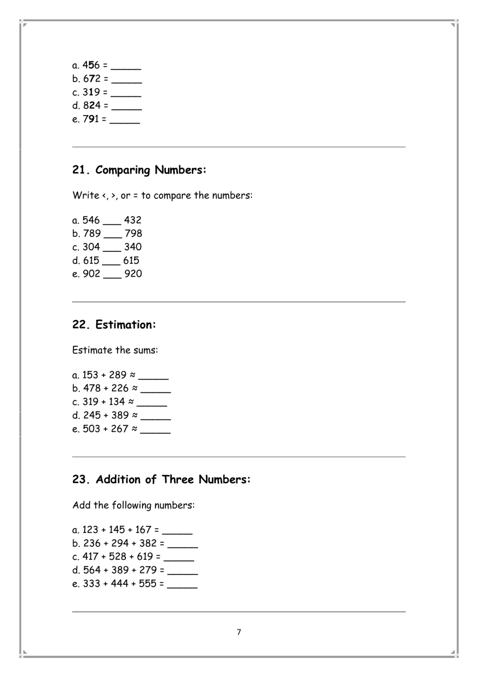 Math practice finishes place value, then sections 21–23 compare numbers, estimate sums, and add three numbers