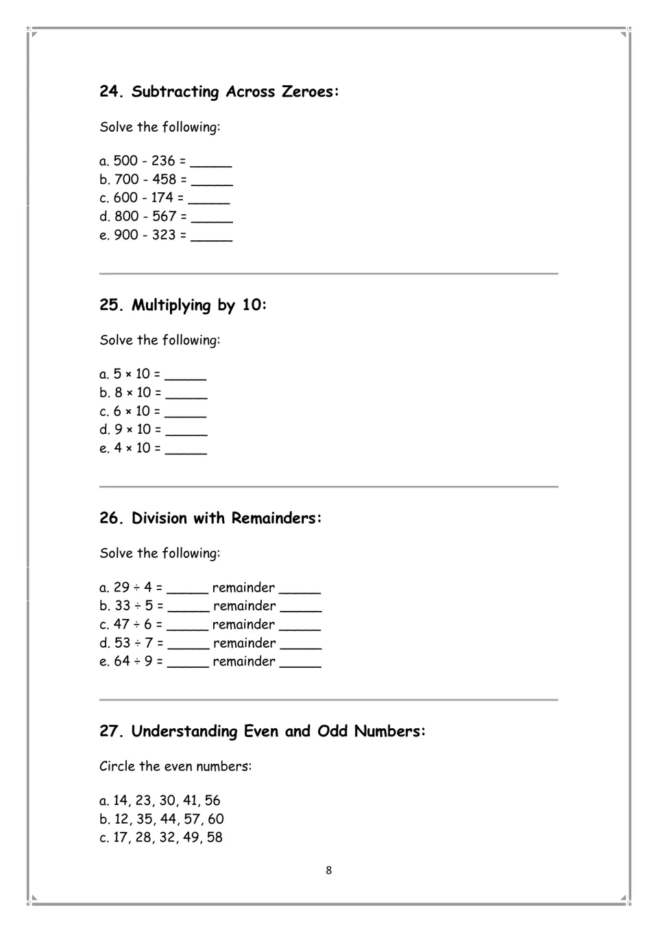 Math practice sections 24–27: subtracting across zeros, multiplying by 10, division remainders, and even numbers