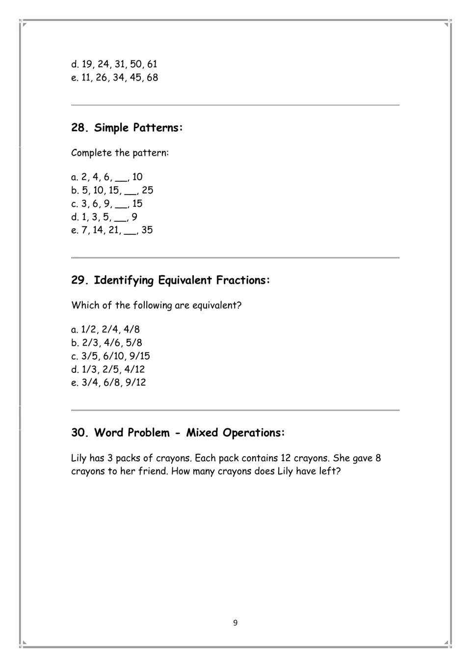 Math practice finishes even numbers, then sections 28–30 cover patterns, equivalent fractions, and a crayon problem