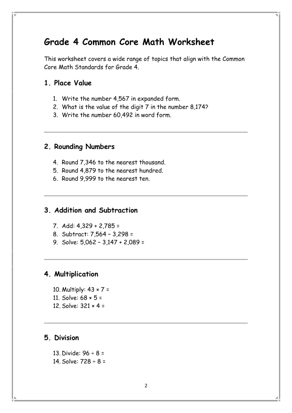 Mixed math review: students write numbers in expanded and word form, round, add, subtract, multiply and divide