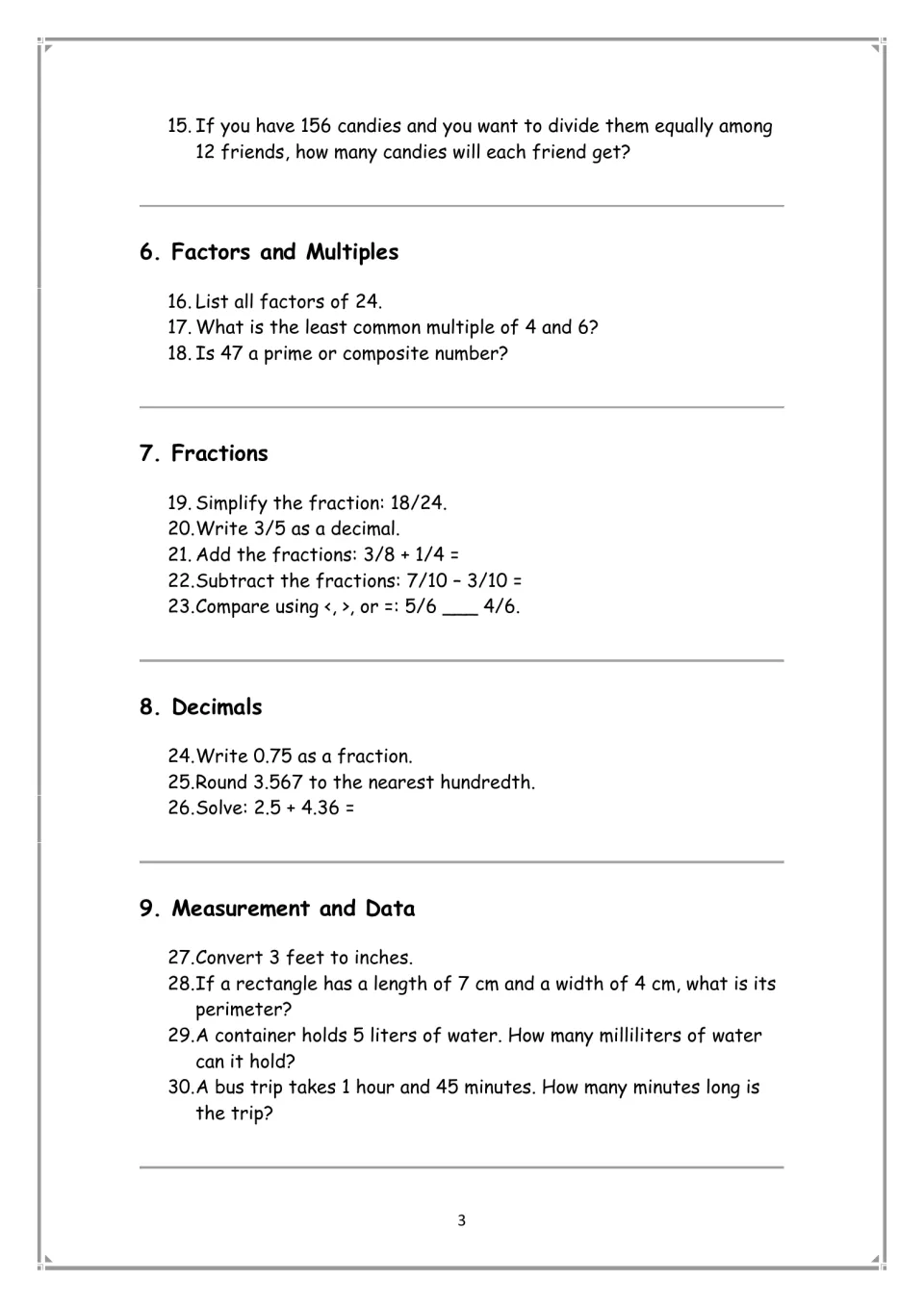 Problems 15-30: students solve a division word problem, factors and multiples, fractions, decimals and measurement items