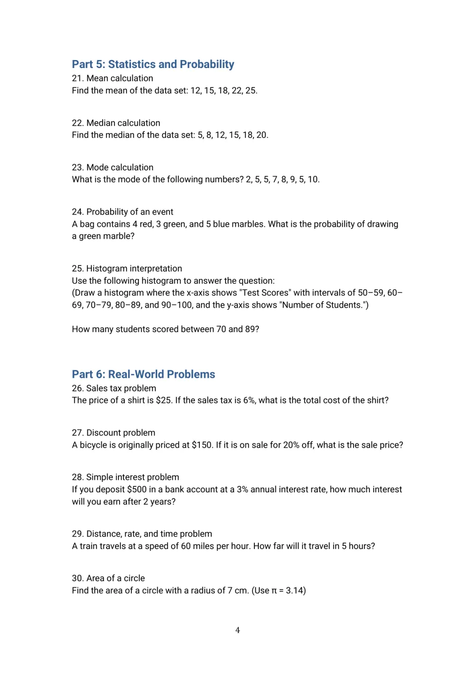 Statistics and real-world problems: students find mean, median, mode and probability, then solve tax, discount and interest