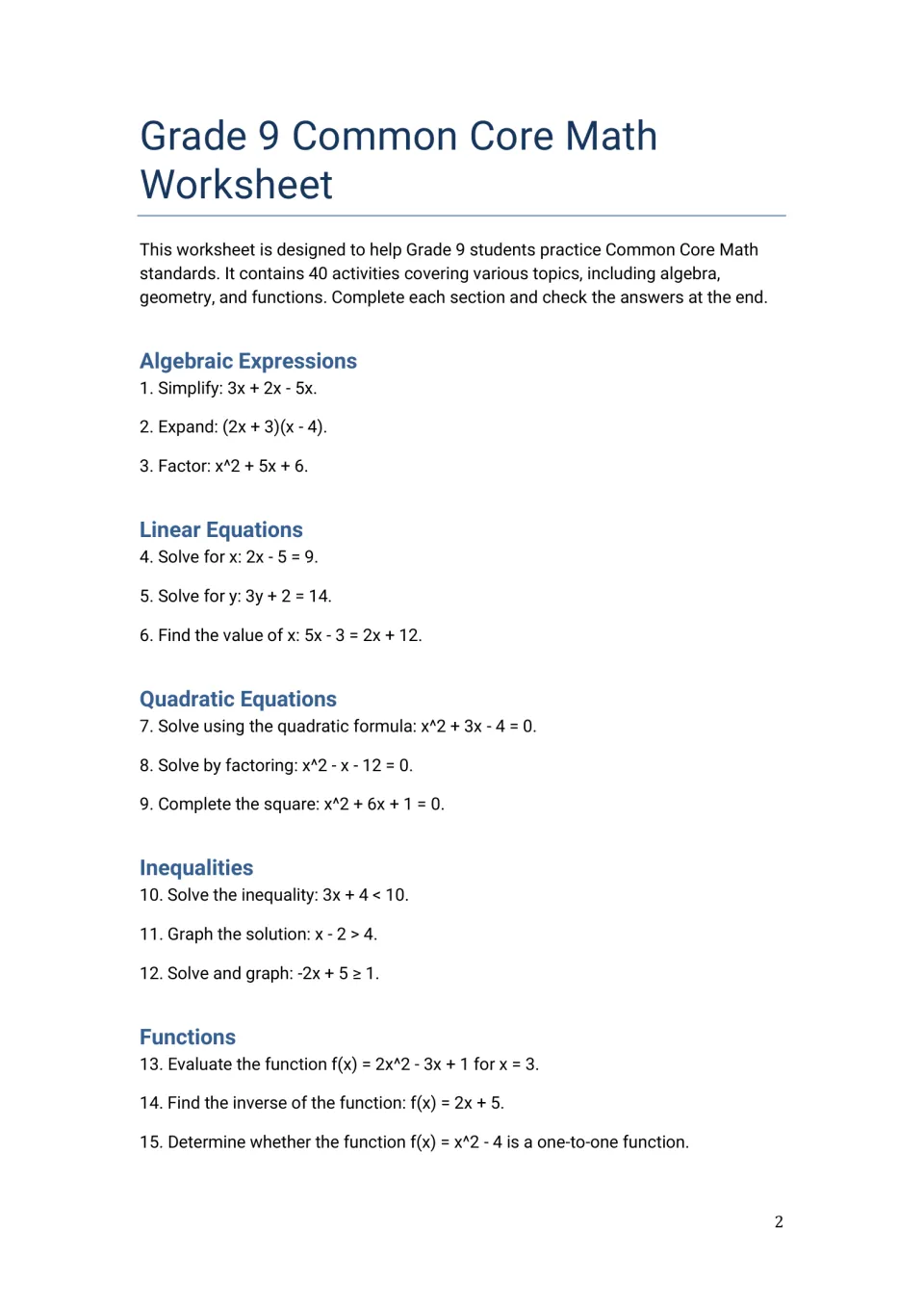 Algebra problems 1-15: students simplify, factor and solve linear and quadratic equations, inequalities and functions