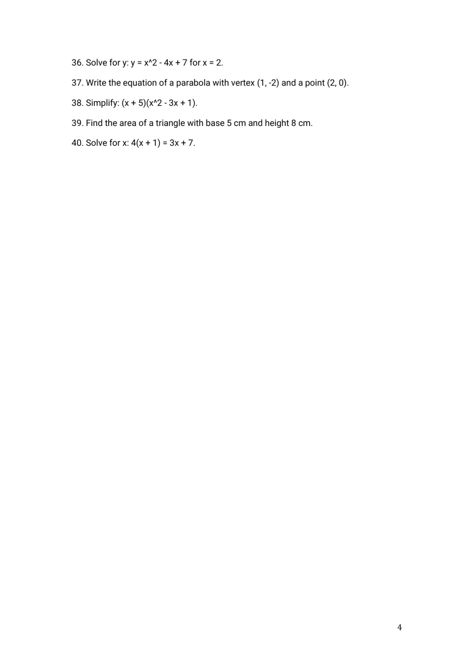 Mixed review, problems 36-40: evaluate a quadratic, write a parabola equation, multiply polynomials, find triangle area