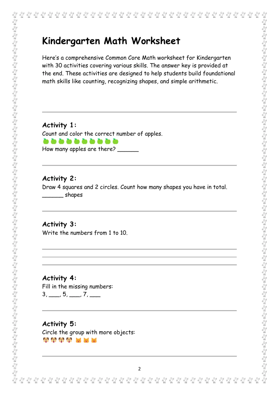 Kindergarten activities 1-5: students count 10 apples, draw shapes, write 1 to 10, fill missing numbers, compare groups