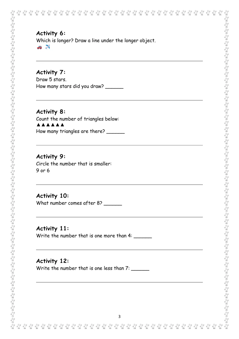 Activities 6-12: students compare lengths and numbers, count stars and triangles, and find one more and one less