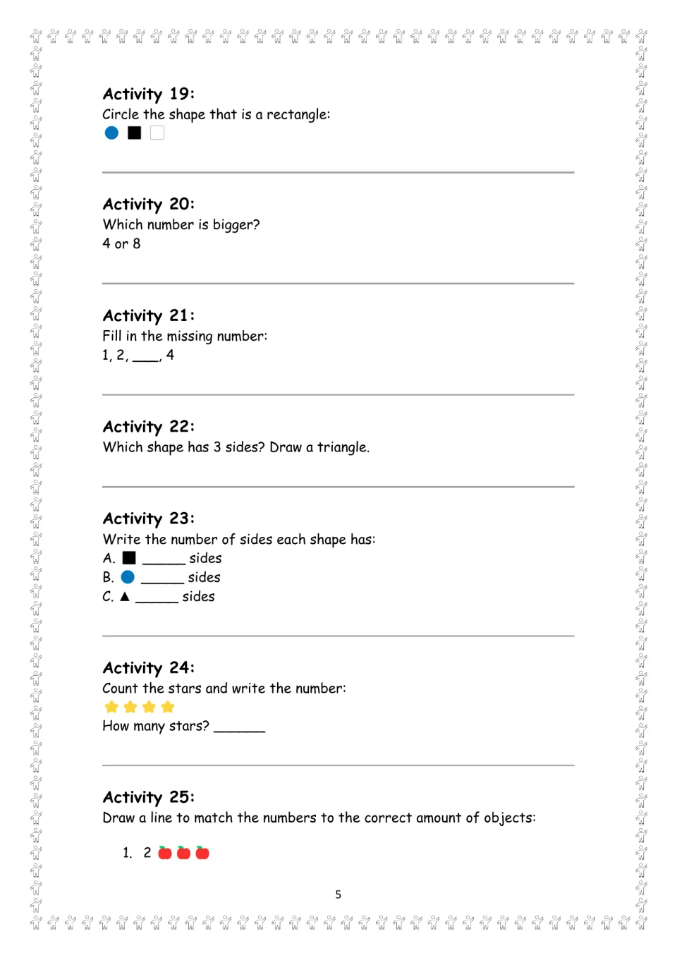 Math activities 19–25: identify shapes, compare 4 and 8, count sides and stars, and begin number matching
