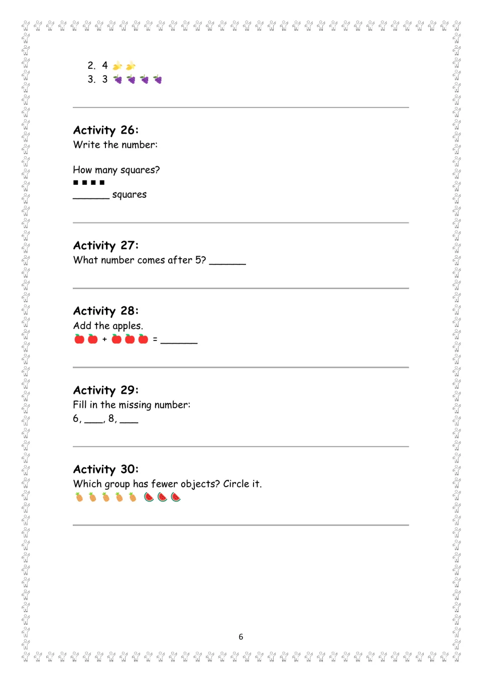 Math activity 25 continues; activities 26–30 count squares, add apples, fill number gaps, and compare groups