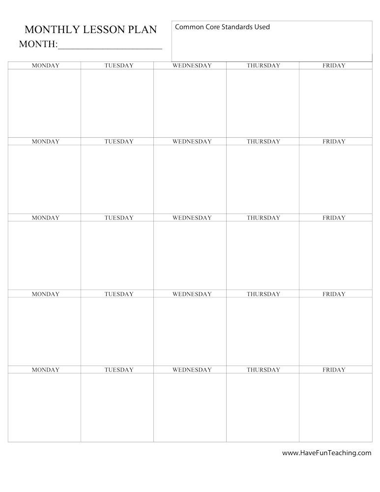 Common Core Monthly Lesson Plan Template by Teach Simple