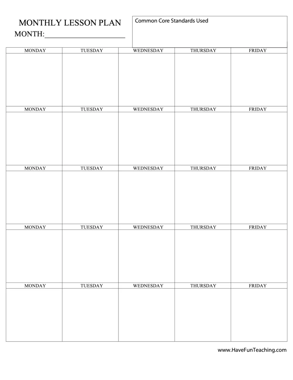 Monthly lesson planning template for five Monday–Friday weeks, with month and Common Core standards fields.